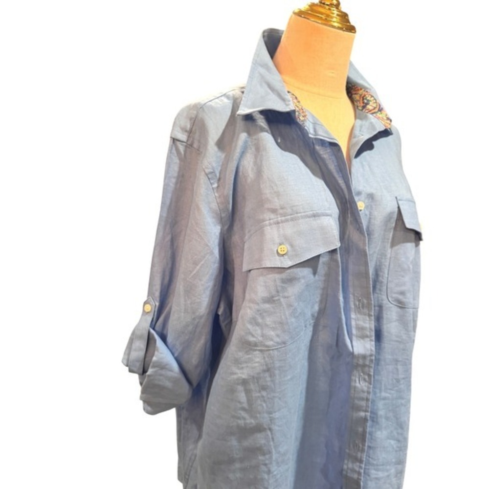 Lauren Ralph Lauren Womens Linen Blend Button Down Sleeve Shirt Blue Large 2X - Picture 5 of 11